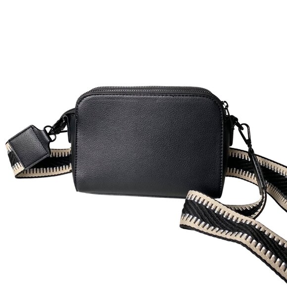 Small Black Leather Effect Crossbody Bag with Emblem & Wide Strap Neutral Travel - Picture 4 of 16